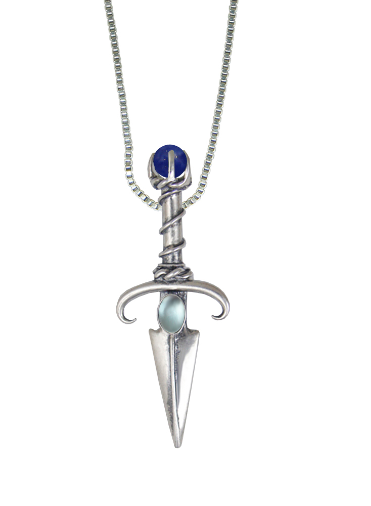 Sterling Silver Black Prince's Knife Dagger Pendant With Blue Topaz And Sodalite